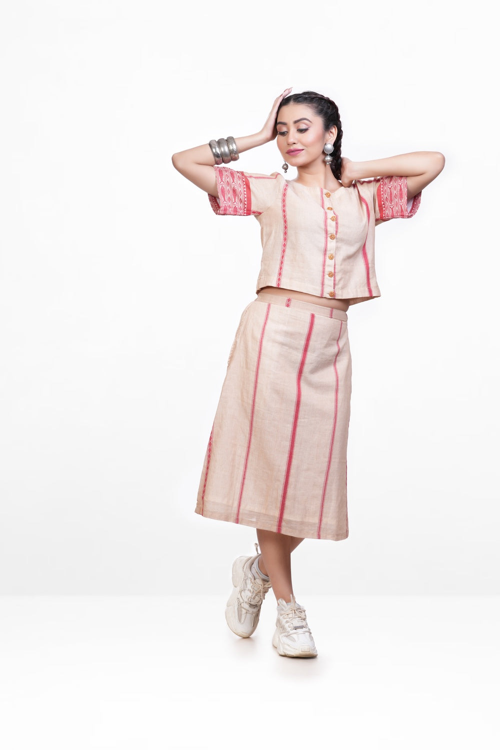 Sandal-red Pure Khadi Skirt Co-ord Set