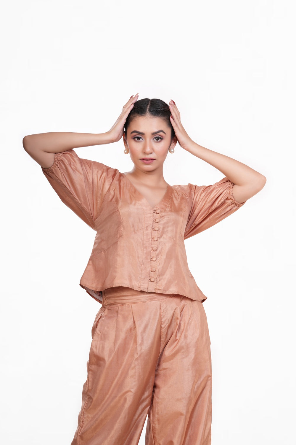 Sandal Colour Bangalore Silk Embroidered Co-Ord Set