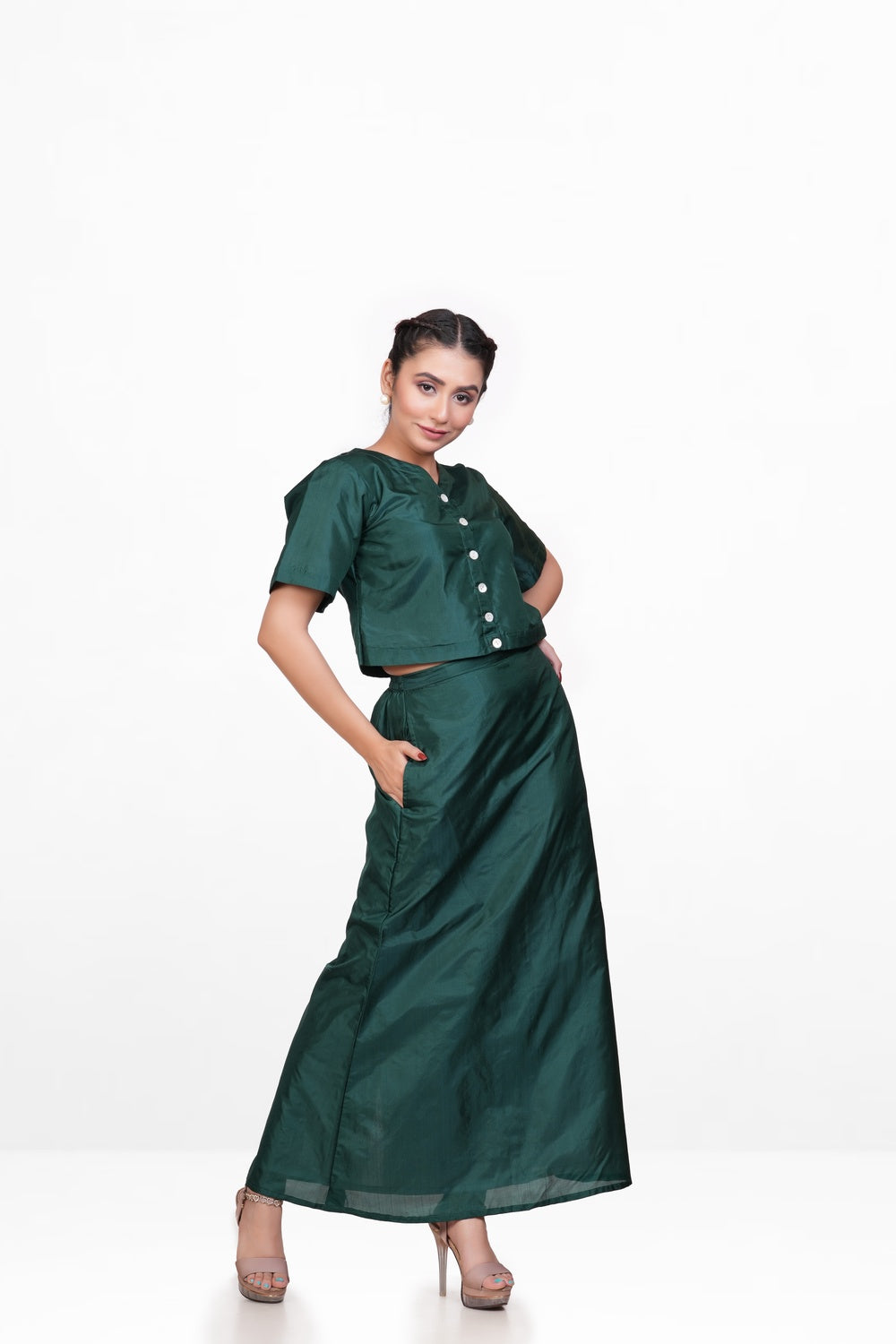 Emerald Green Bangalore Silk Embroidered Co-ord Set
