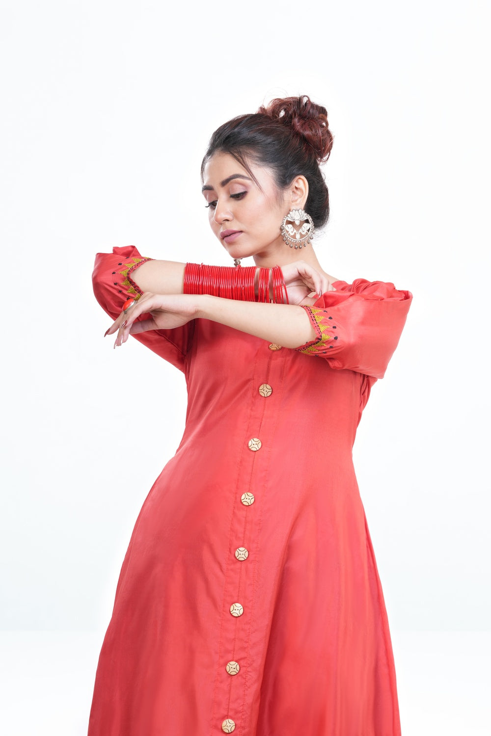 Rust-orange Bangalore Silk Embroidered Dress