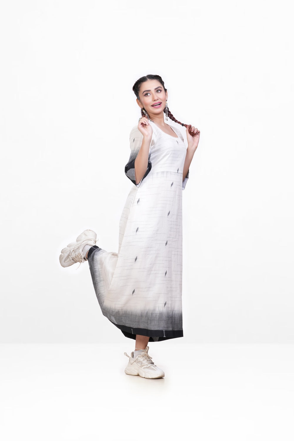White-black Pure Khadi Dress