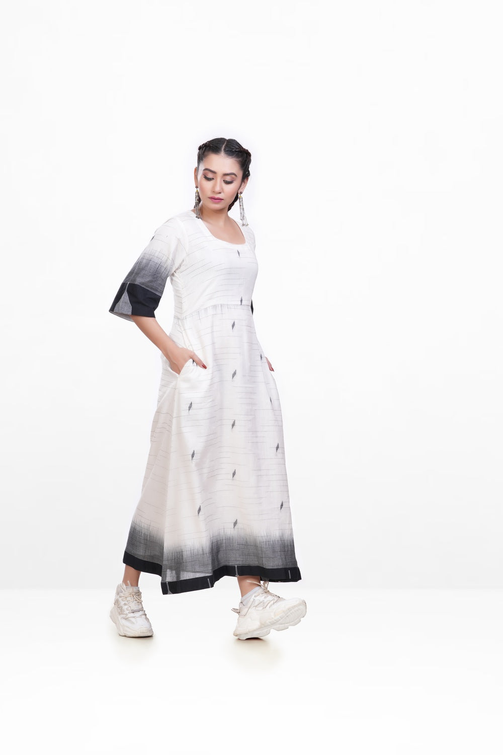 White-black Pure Khadi Dress
