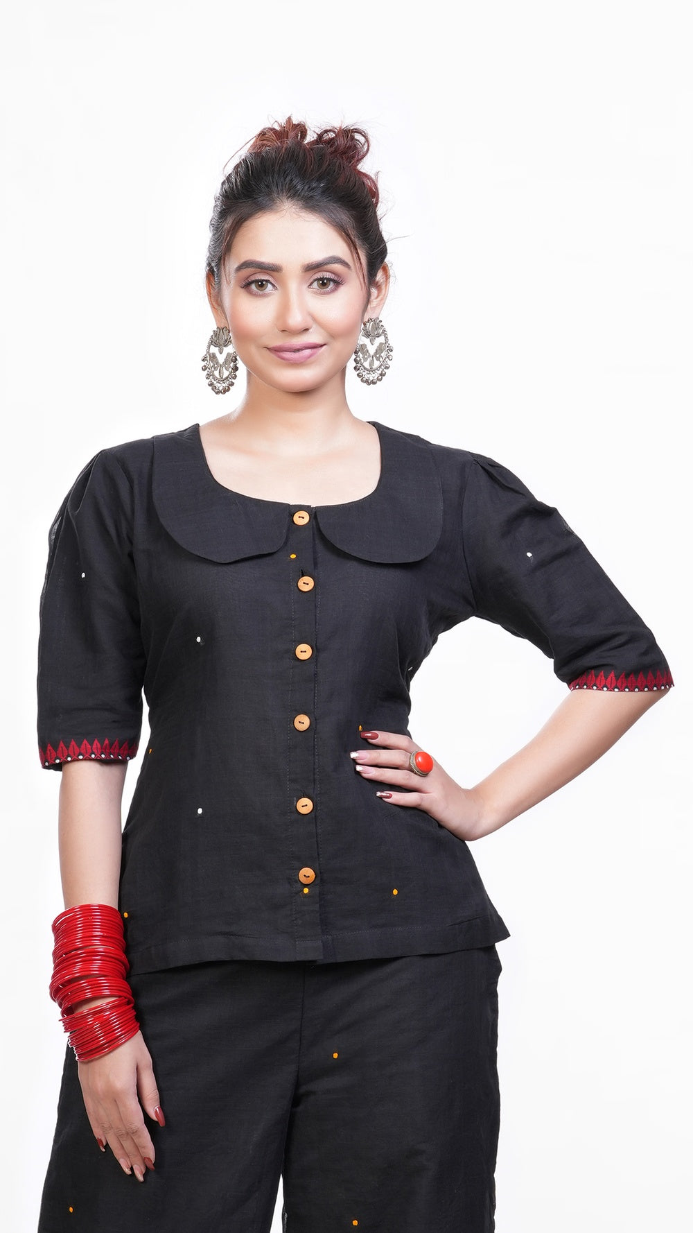 Black Red Pure Khadi Top Wear