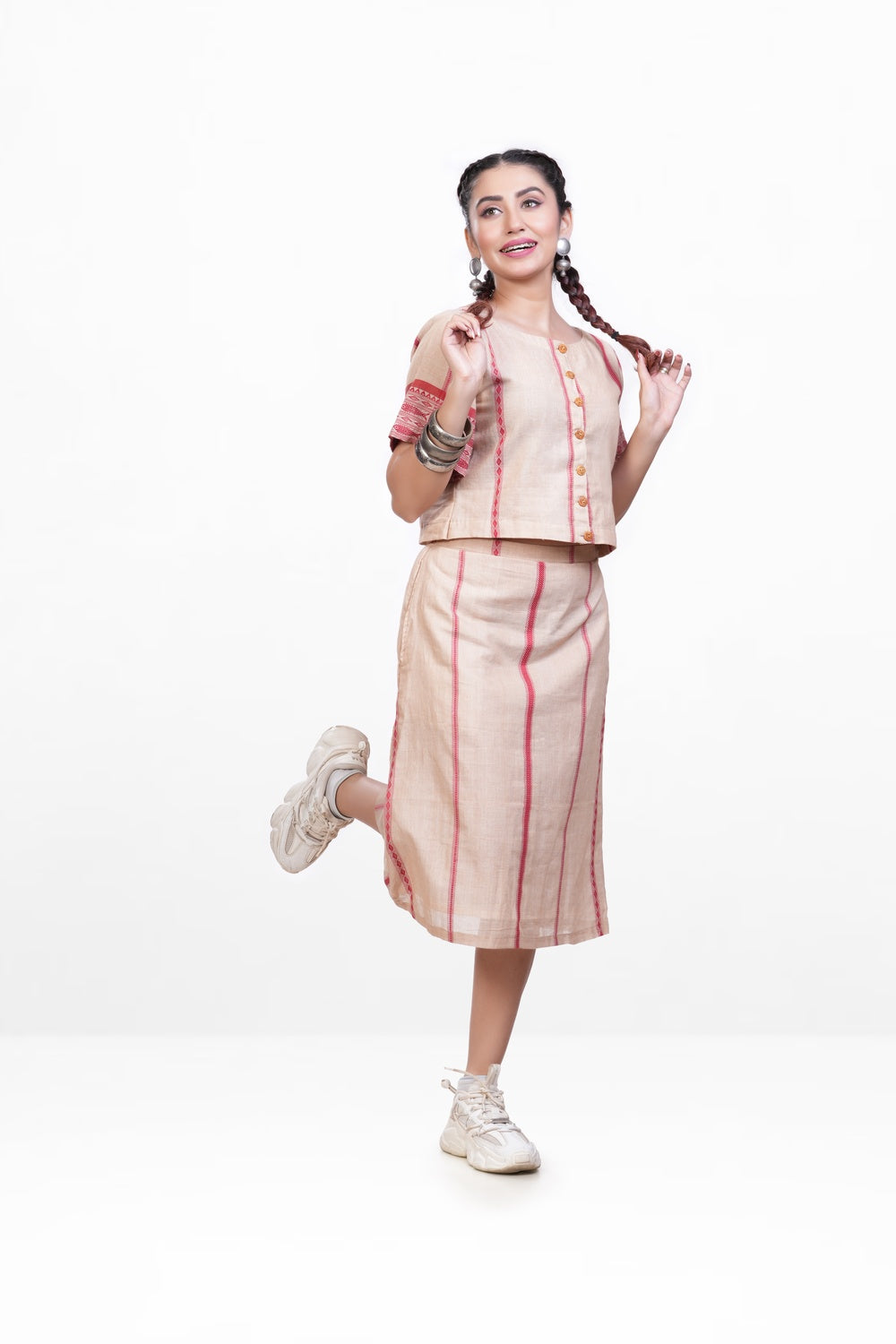 Sandal-red Pure Khadi Skirt Co-ord Set