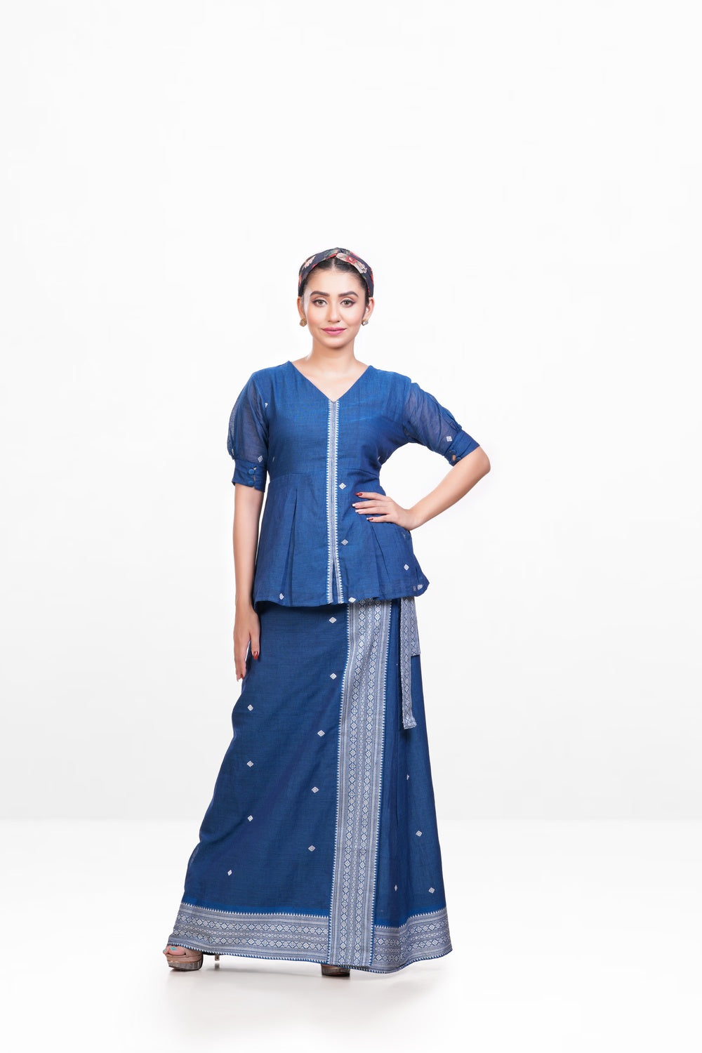 Peacock Blue-white Pure Khadi Wrap Skirt Set