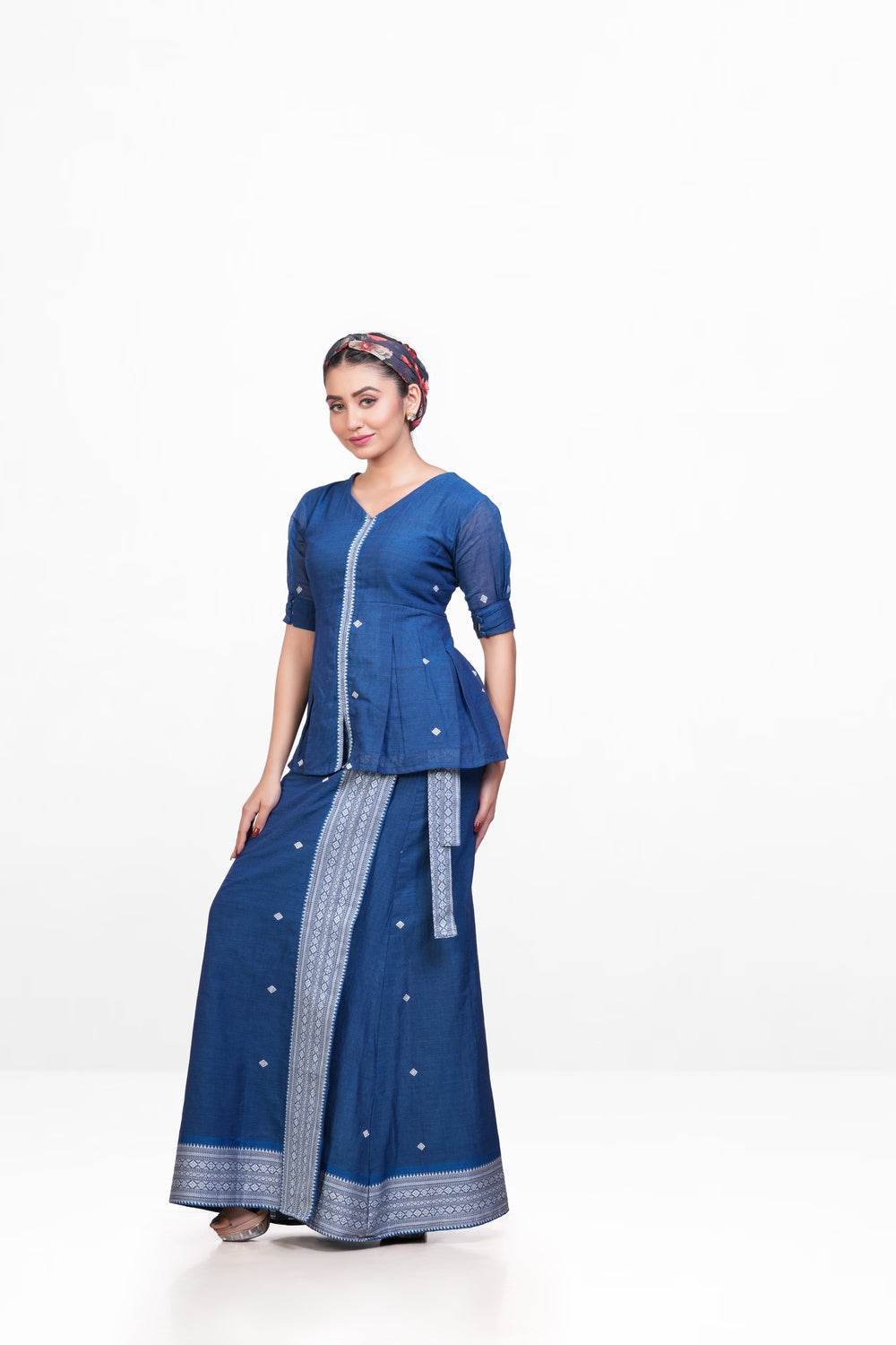 Peacock Blue-white Pure Khadi Wrap Skirt Set
