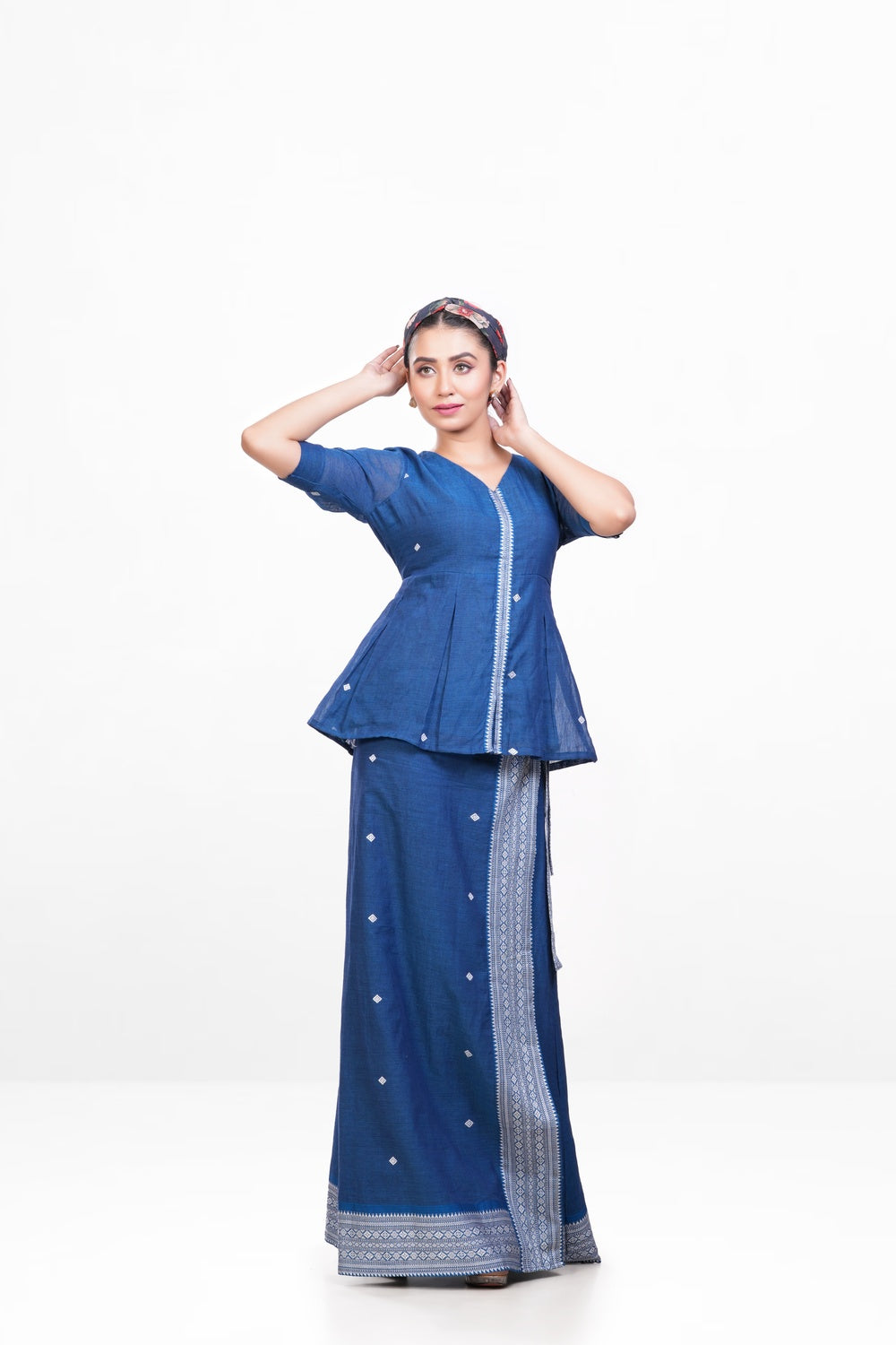 Peacock Blue-white Pure Khadi Wrap Skirt Set
