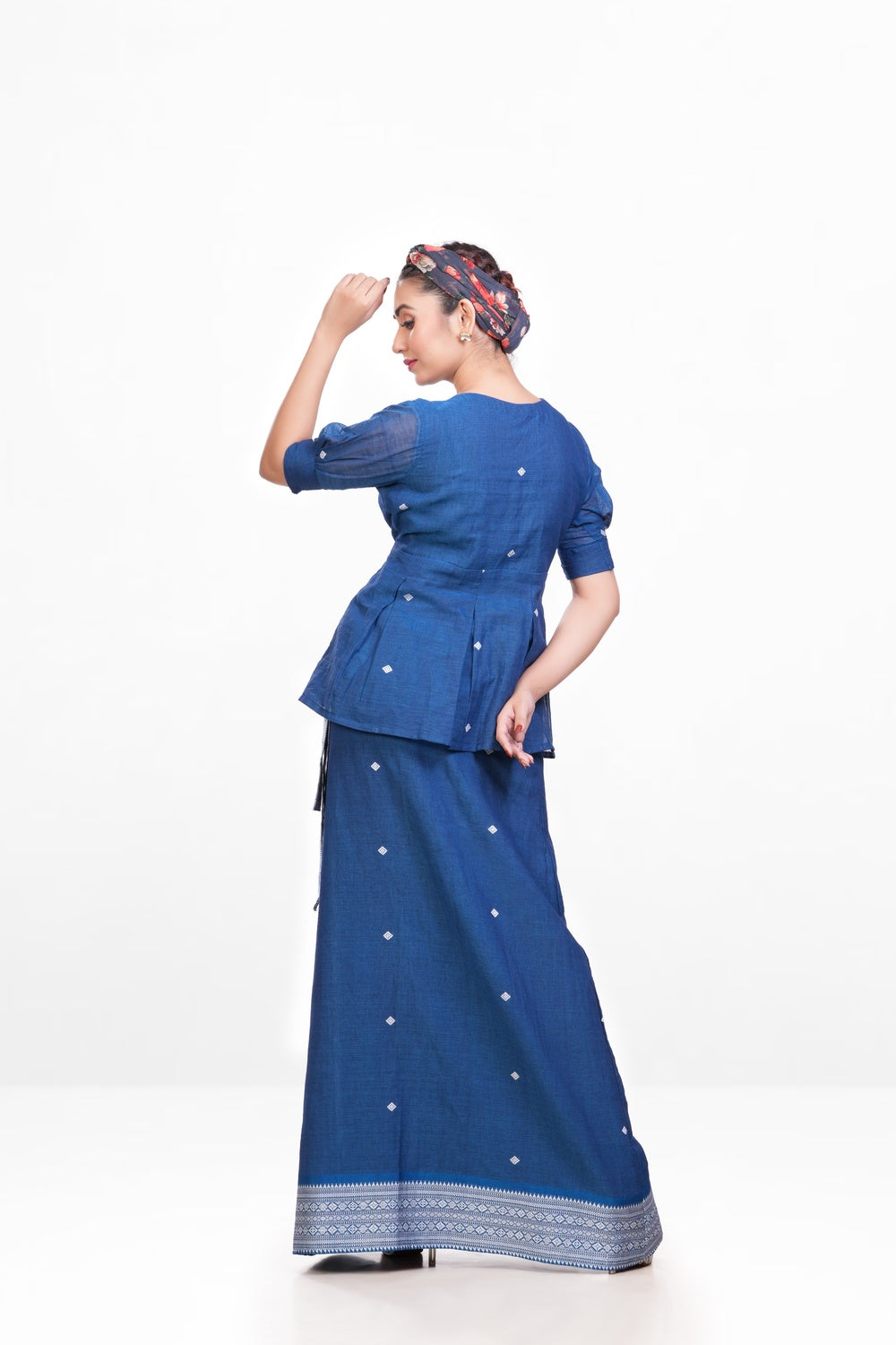 Peacock Blue-white Pure Khadi Wrap Skirt Set
