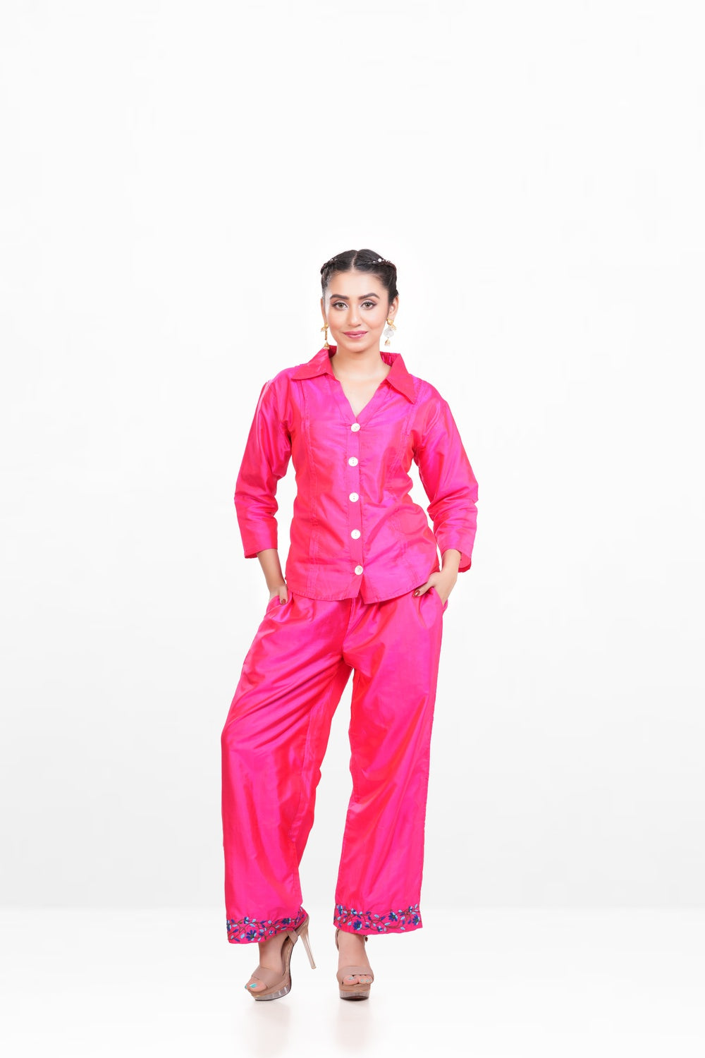 Pink Dual-toned Bangalore Silk Embroidered Co-ord Set