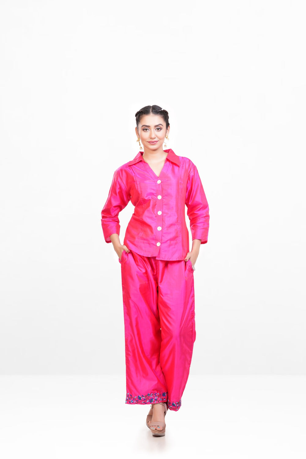 Pink Dual-toned Bangalore Silk Embroidered Co-ord Set