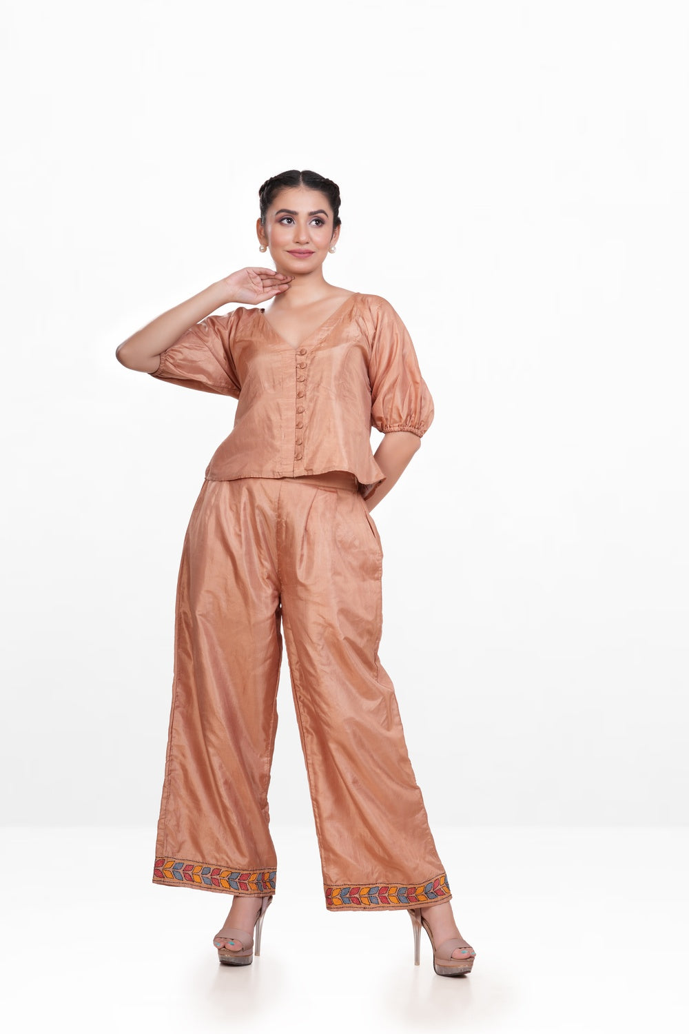 Sandal Colour Bangalore Silk Embroidered Co-Ord Set