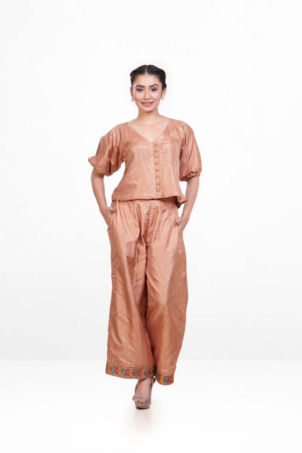 Sandal Colour Bangalore Silk Embroidered Co-Ord Set