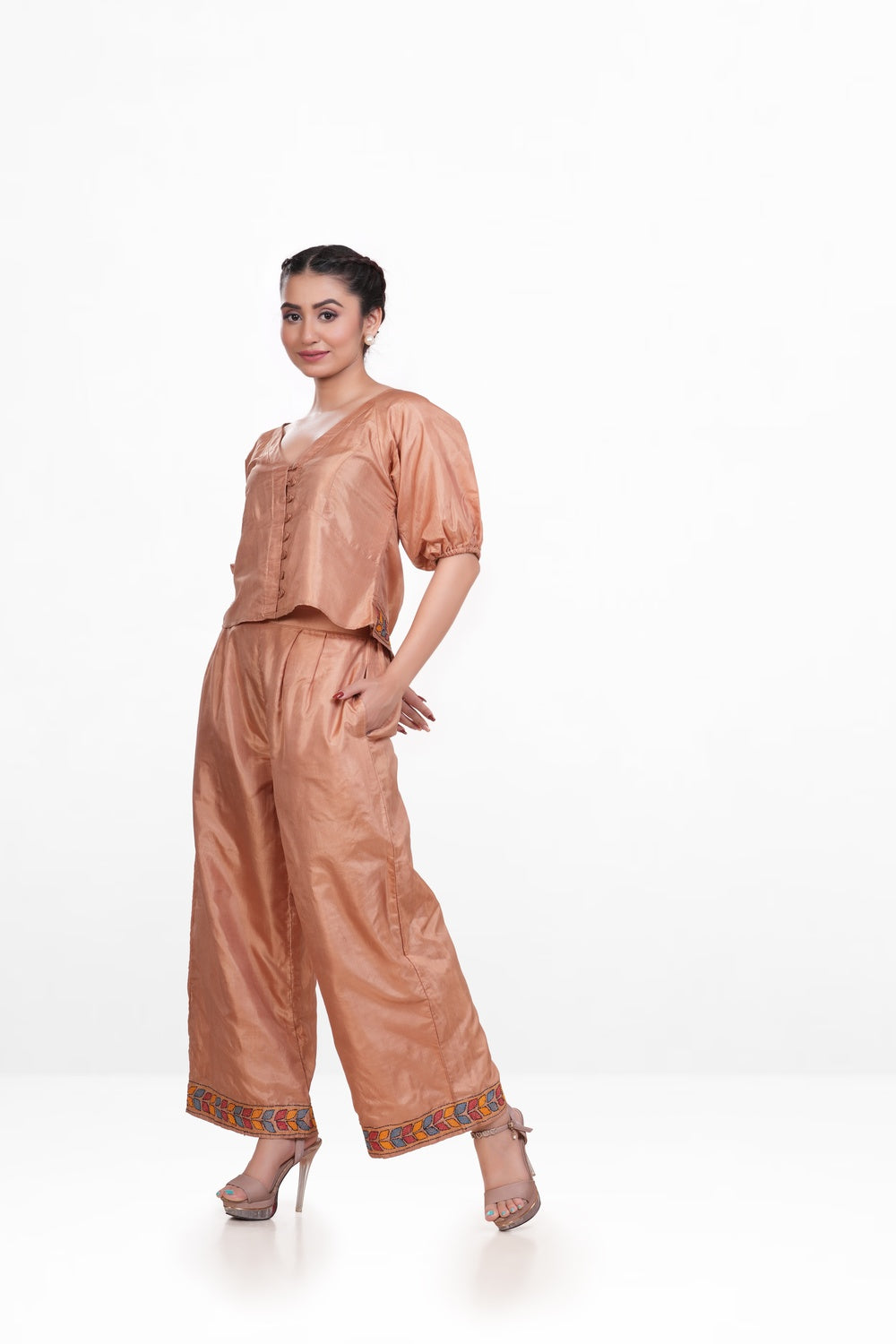 Sandal Colour Bangalore Silk Embroidered Co-Ord Set