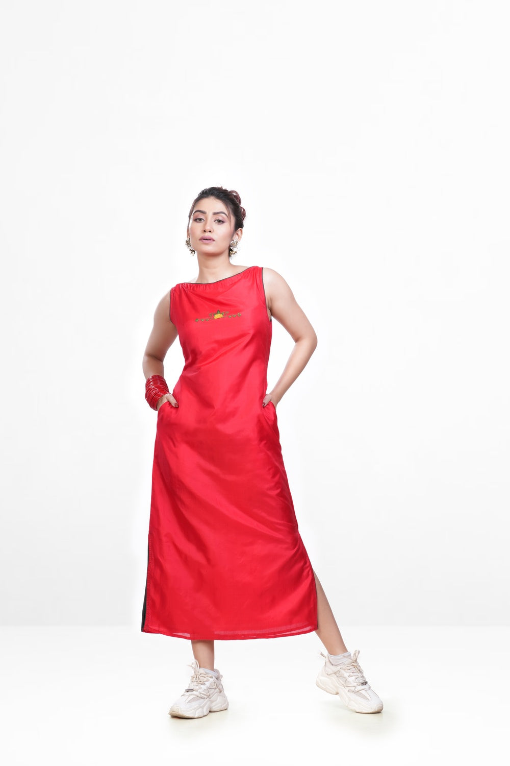 Hot Red-green Bangalore Silk Embroidered Dress