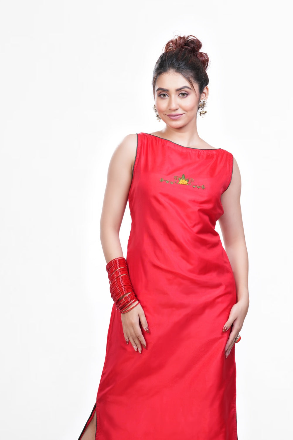 Hot Red-green Bangalore Silk Embroidered Dress