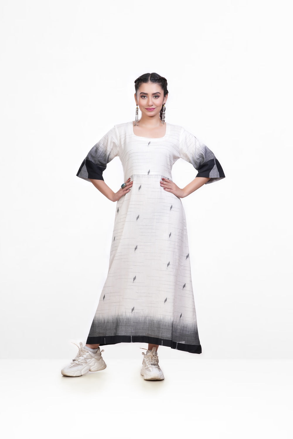 White-black Pure Khadi Dress
