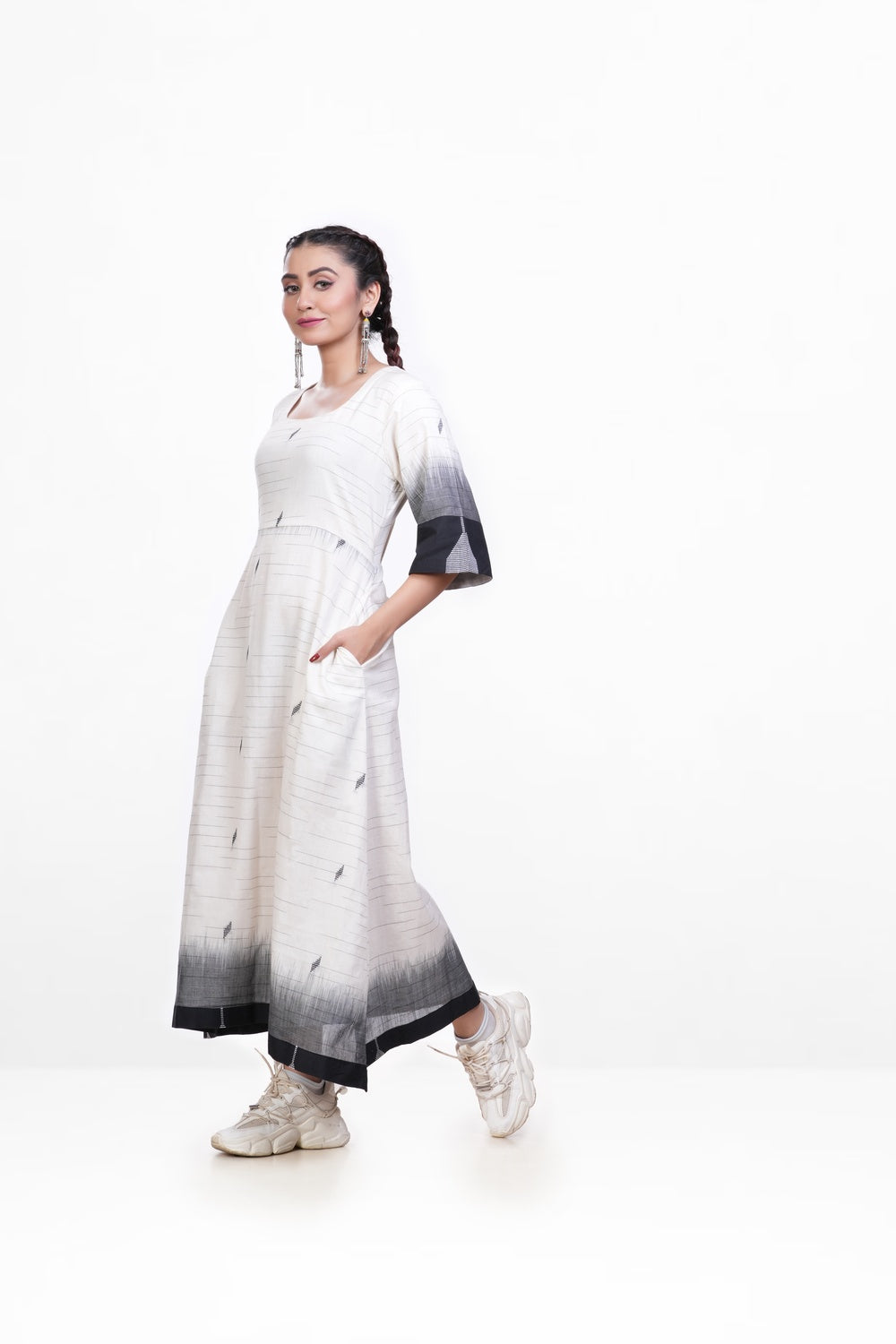 White-black Pure Khadi Dress